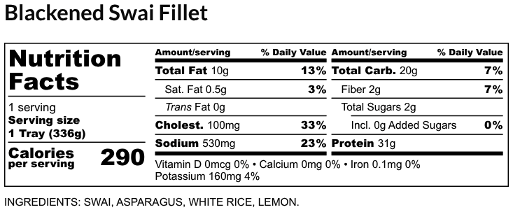 Nutritional Facts - Blackened Swai Fillet 6oz